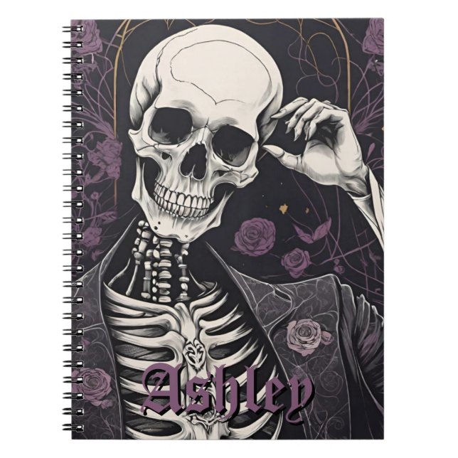 Mörk Boho Gotisk Skelett & Rosor Halloween Anteckningsbok (Framsidan)