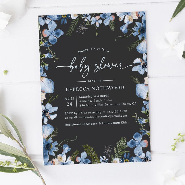 Mörk Boho Grått Blue Blommigt Boy Shower Inbjudningar (Skapare uppladdad)