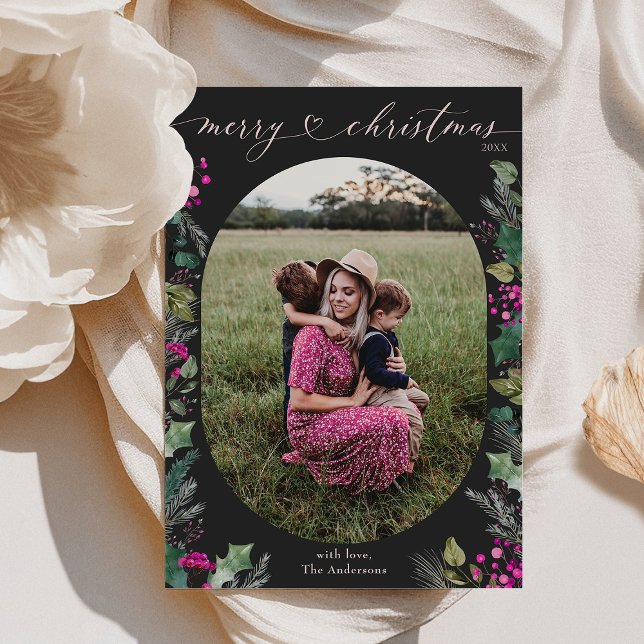 Mörk Boho Greenery Foliage Photo jul Card Julkort (Skapare uppladdad)