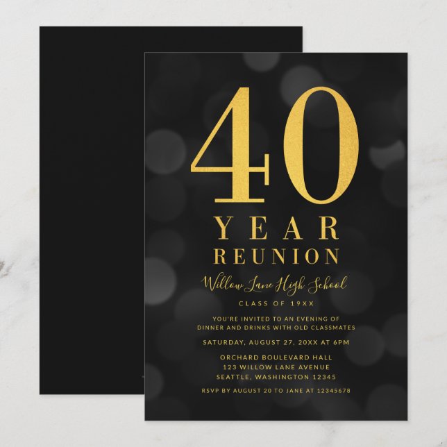 Mörk Bokeh Ljus 40-årsklassåterförening Inbjudningar (Fram/baksida)