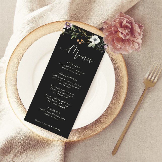 Mörk Botanical Wildblomma Simple Elegant bröllop Meny (A simple and elegant wedding menu decorated with wildflowers)