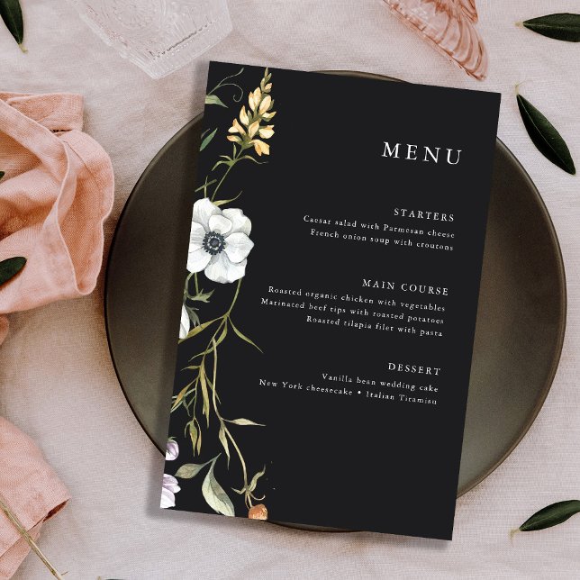 Mörk Botanical Wildblommor | Elegant bröllop Menu (A trendy and whimsical wedding menu featuring colorful wildflowers)
