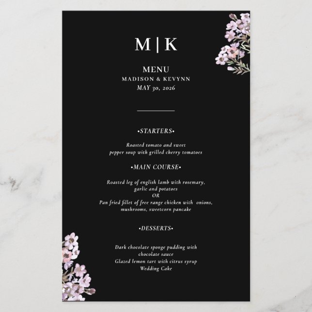 Mörk Botanical Wildblommor | Elegant bröllop Menu (Framsida)