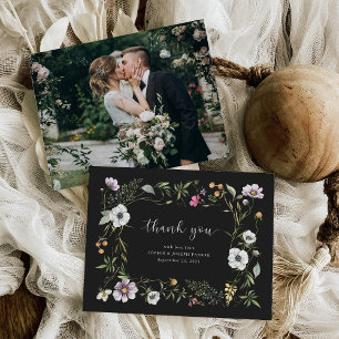 Mörk Botanical Wildblommor Elegant bröllop Photo Tack Kort