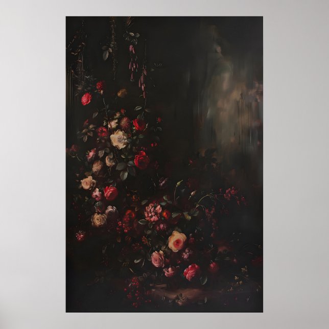 Mörk Botanisk Blommig Ros Blom Konst, Mörk Poster (Framsidan)