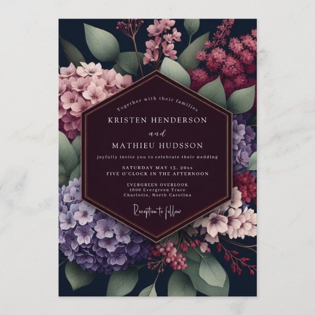 Mörk botanisk burgundisk bröllopsdekor inbjudningar (Framsida)