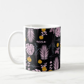 Mörk botanisk dekoration löv och blommor kaffemugg