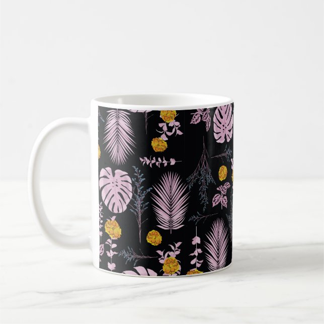 Mörk botanisk dekoration löv och blommor kaffemugg (Vänster)
