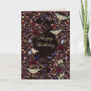 Mörk Botanisk Födelsedag Vintage Blommig Moth Kort