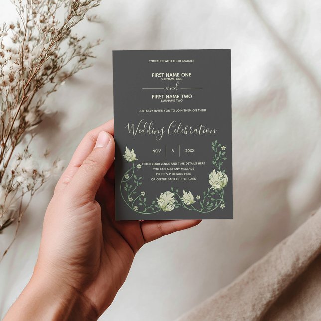 Mörk botaniskt Art nouveau bröllopsinbjudan Inbjudningar (Dark Art nouveau botanical wedding invitation with floral frame.
)