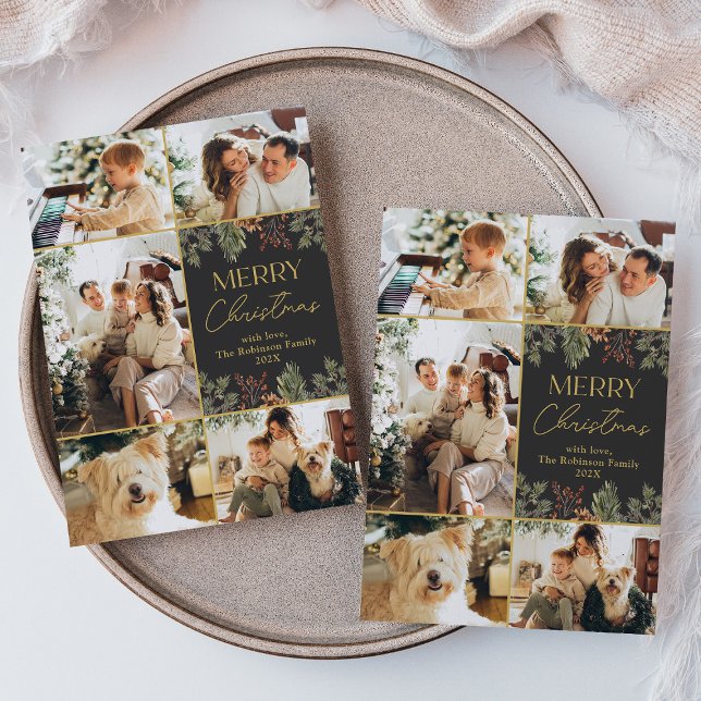 Mörk Botaniskt Guld-skript 5 fotojulkort Julkort (Skapare uppladdad)