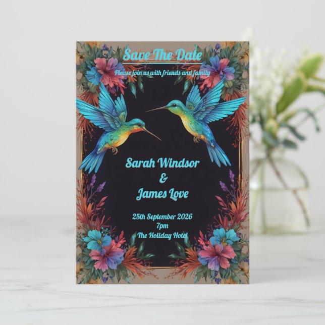 Mörk Botaniskt hummingbird-tema Inbjudningar (Stående Fram)