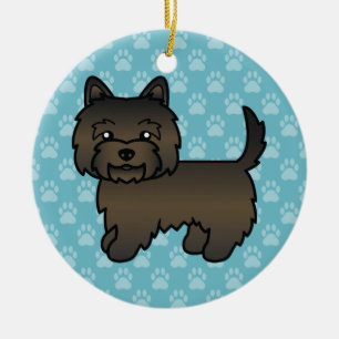 Mörk brindle Cairn Terrier Tecknad Hund På Blå Julgransprydnad Keramik
