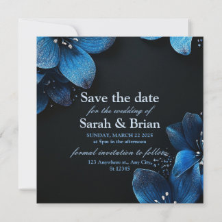 Mörk bröllop spara datum glitter blåa blommor datumet