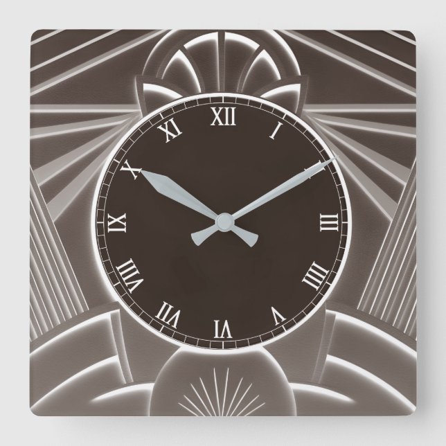 Mörk Brown Art Deco Clock - Snyggt Abstrakt Linjer Fyrkantig Klocka (Framsida)