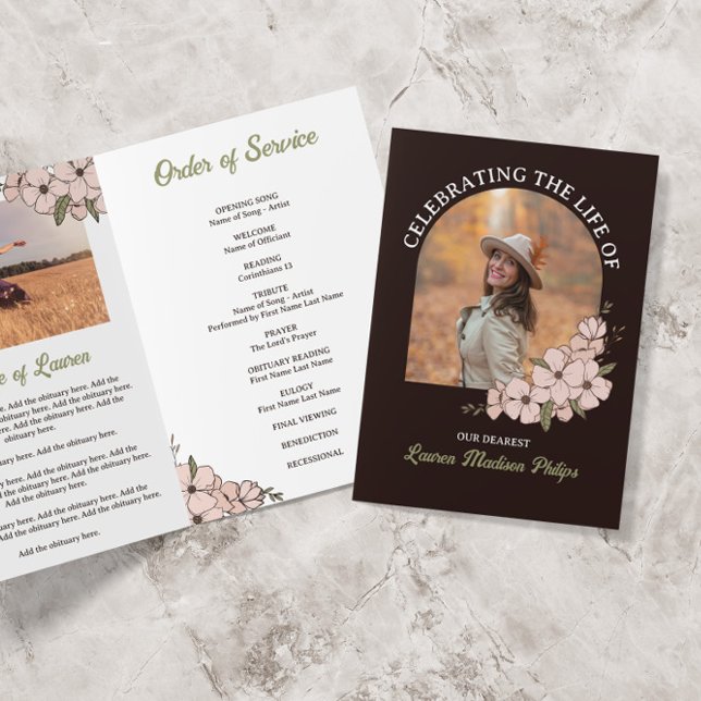 Mörk Brown Blommigt Arch Photo Celebrating Life Program (Skapare uppladdad)