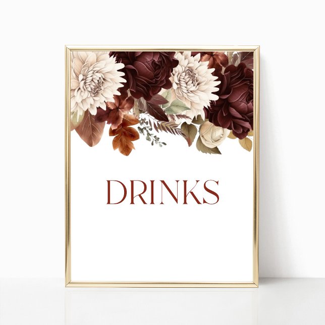 Mörk Brown Burgundy Blommigt Drinks Party Sign Poster (Skapare uppladdad)