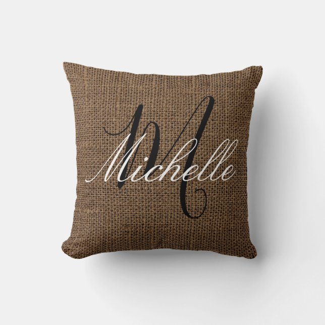 Mörk Brown Burlap-utseende Monogram Personlig Namn Kudde (Framsida)