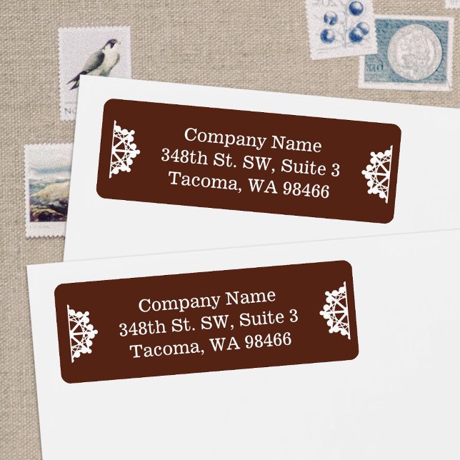 Mörk Brown Company Helgdag Mailing Adress Returadress Etikett (Brown Christmas holiday return address labels for business or personalized Christmas mailing labels)