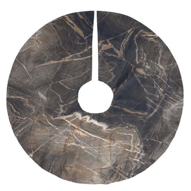 Mörk Brown Marble Guld Veins Julgransmatta Borstad Polyester (Framsidan)
