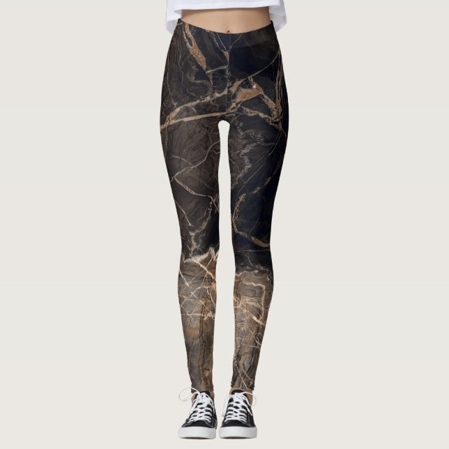 Mörk Brown Marble Guld Veins Leggings (Framsida)