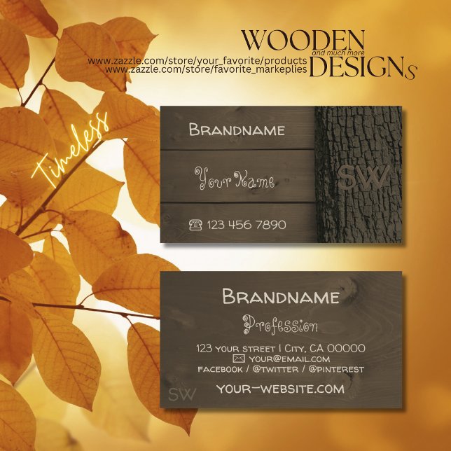 Mörk Brown Nature Wooden Boards Träd Bark Monogram Visitkort (Skapare uppladdad)