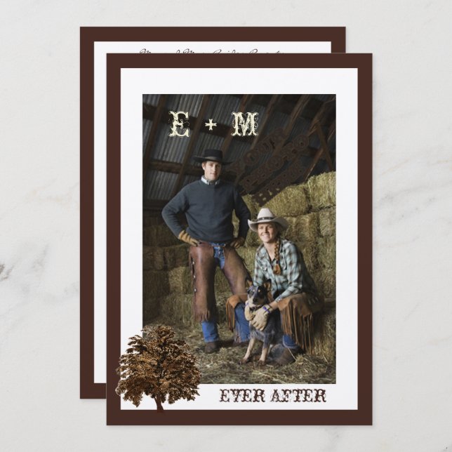 Mörk Brown Oak Träd fotobröllopsinbjudan Inbjudningar (Fram/baksida)