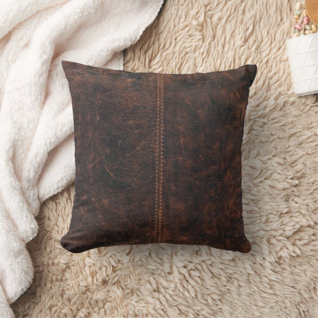 Mörk Brown Stitched Faux Leather Dekorativ kudde (Filt)