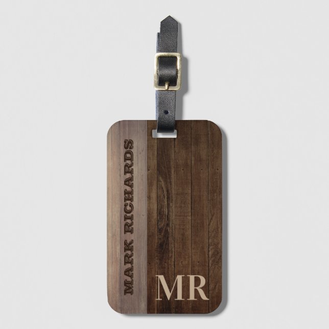 Mörk Brown Wood Design | Monogram Bagagebricka (Framsida vertikal)