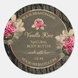 Mörk Brown Wood Grain Rosa ros Produktetiketter Runt Klistermärke