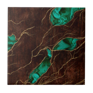 Mörk Brown Wood och Malachite Abstrakt Digital art Kakelplatta
