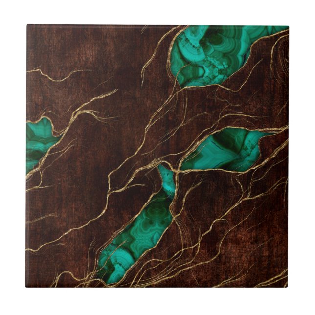 Mörk Brown Wood och Malachite Abstrakt Digital art Kakelplatta (Framsidan)