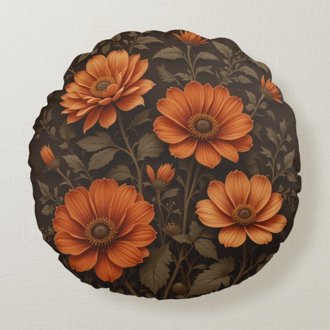 Mörk brun bakgrund och brinnande blommor av orange rund kudde (Framsidan)