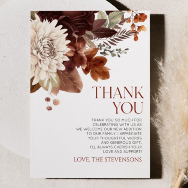 Mörk brun Burgundy Floral Flowers Baby Shower Tack Kort (Skapare uppladdad)