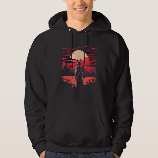 Mörk Bunny Rabbit Samurai Warrior Katana Japanska Hoodie (Framsida)
