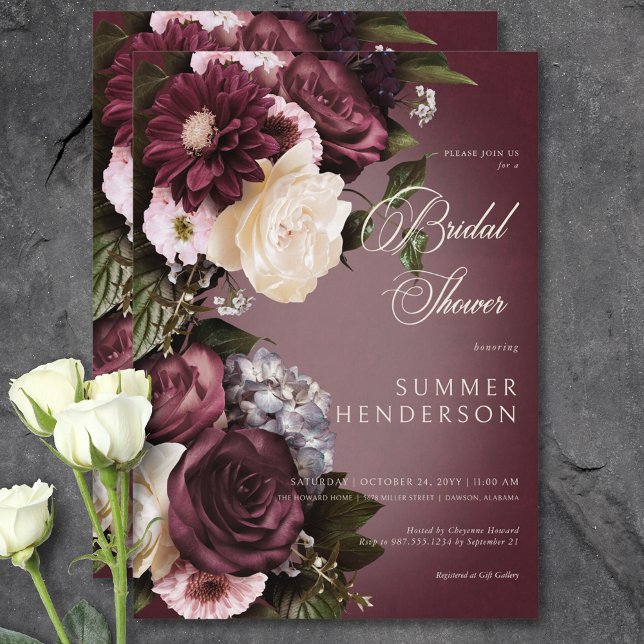 Mörk Burgunder & Crème Oskärpa Blommig Bröllopsdus Inbjudningar (Dark Burgundy & Cream Blur Floral Bridal Shower Invitation)