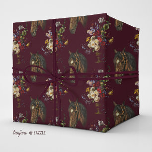 Mörk Burgunder Röd Elegant Vintage Häst Blommig Presentpapper