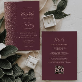 Mörk Burgunder Rosa Guld Glitter QR-kod Bröllop Inbjudningar