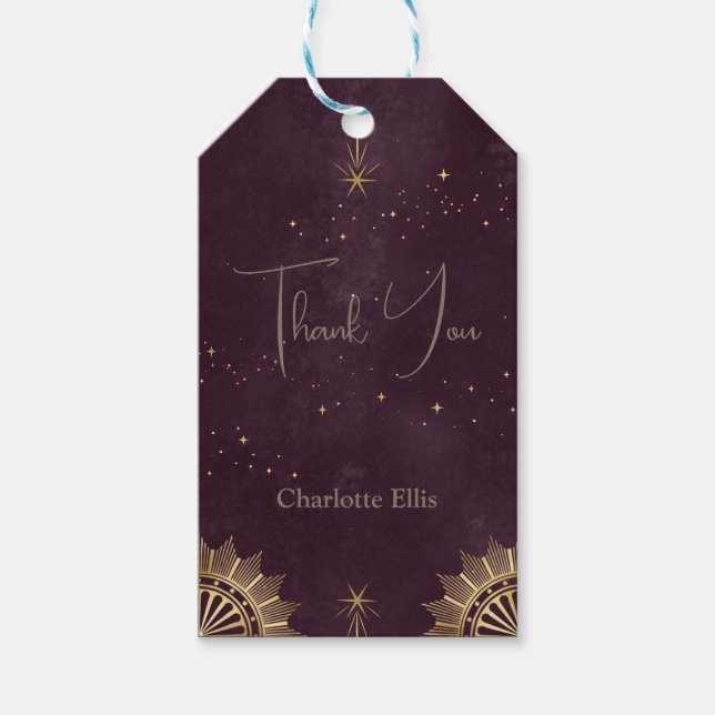 Mörk Burgunderfärgad Celestial Sol och Måne Bröllo Presentetikett (Framsidan)