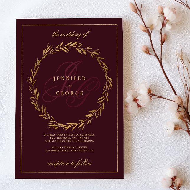 Mörk burgundergul monogram inledande Bröllop  Inbjudningar (Dark burgundy gold monogram initials Wedding )