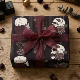 Mörk Burgunderröd gotisk dödskalle & rosrandig Presentpapper