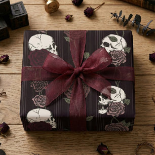 Mörk Burgunderröd gotisk dödskalle & rosrandig Presentpapper