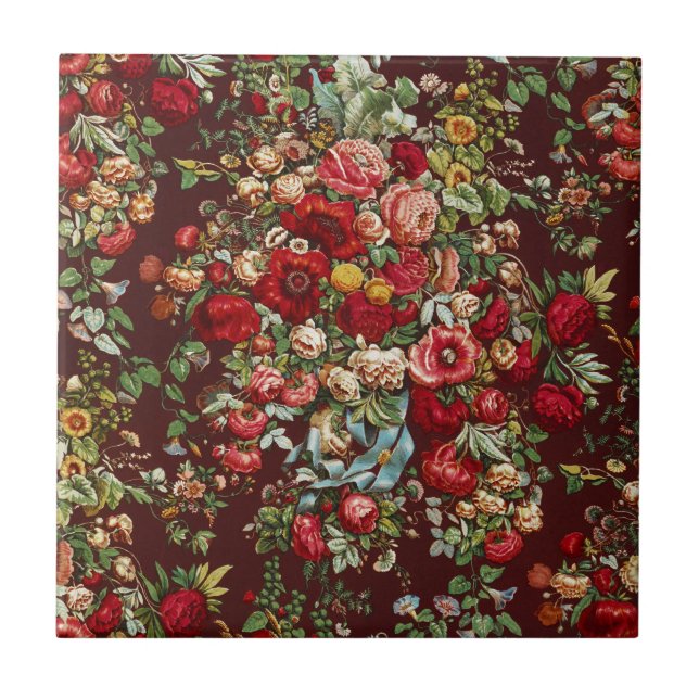 Mörk Burgunderröd Viktoriansk Ros Blommig Bandmöns Kakelplatta (Framsidan)