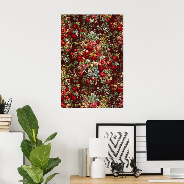 Mörk Burgunderröd Viktoriansk Ros Blommig Bandmöns Poster (Hemmakontoret)