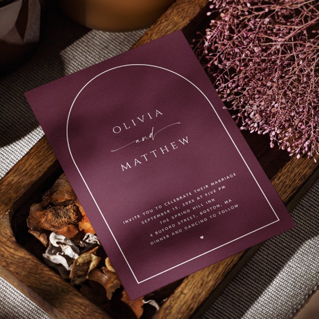Mörk Burgundy Arch Bröllop | Elegant Photo + QR Inbjudningar (Skapare uppladdad)