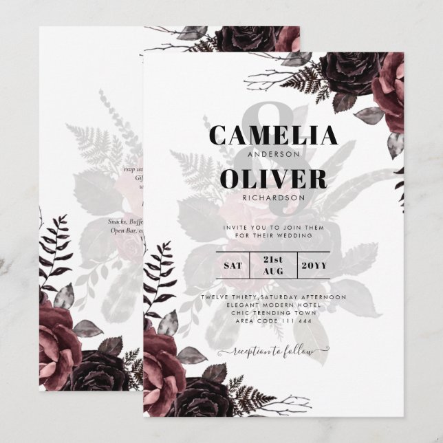 Mörk Burgundy Black Ro Bröllop Fall Winter Inbjudningar (Fram/baksida)