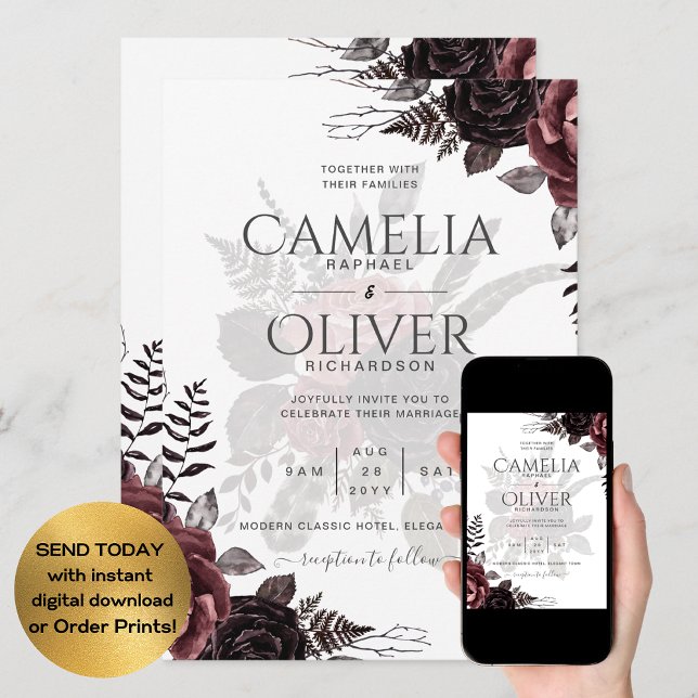 Mörk Burgundy Black Ro Bröllop Fall Winter Inbjudningar (Skapare uppladdad)
