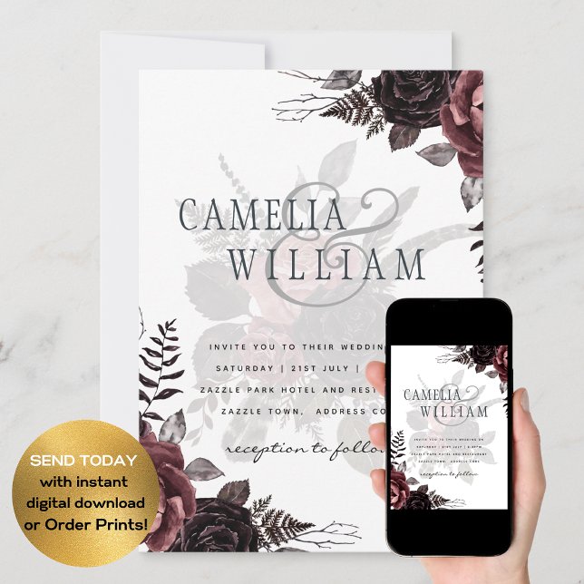 Mörk Burgundy Black Ro Bröllop Fall Winter Inbjudningar (Skapare uppladdad)