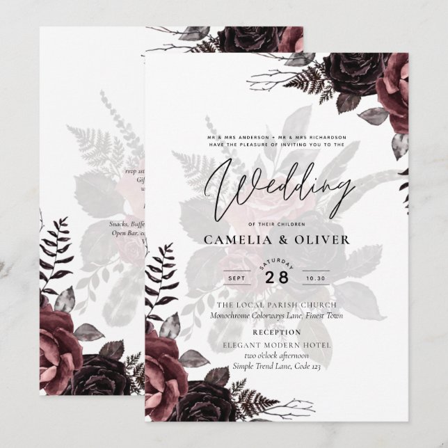 Mörk Burgundy Black Ro Bröllop Fall Winter Inbjudningar (Fram/baksida)