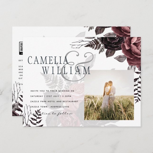 Mörk Burgundy Black Ro Bröllop Fall Winter Vykort (Fram/baksida)